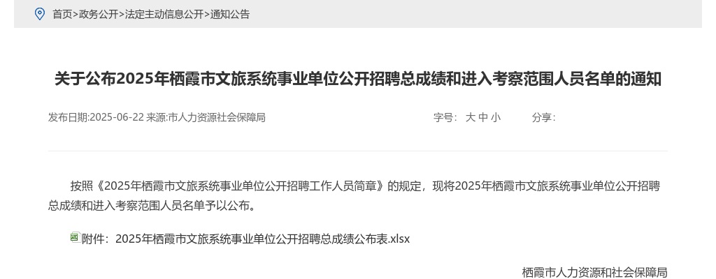 2025年栖霞市文旅系统事业单位公开招聘总成绩和进入考察范围人员名单的通知 图片
