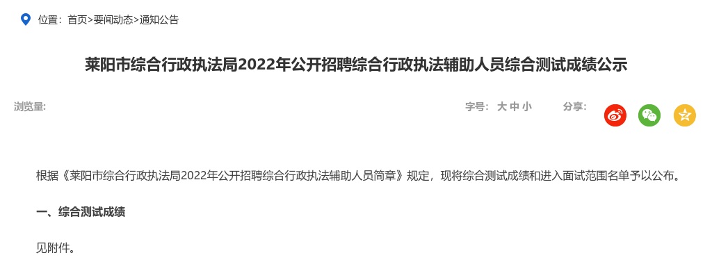 2022年烟台莱阳市综合行政执法局公开招聘综合行政执法辅助人员综合测试成绩公示 图片