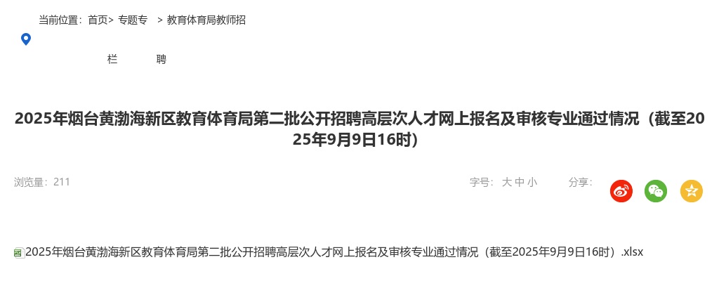 2025年烟台黄渤海新区教育体育局第二批公开招聘高层次人才网上报名及审核专业通过情况（截至2025年9月9日16时） 图片