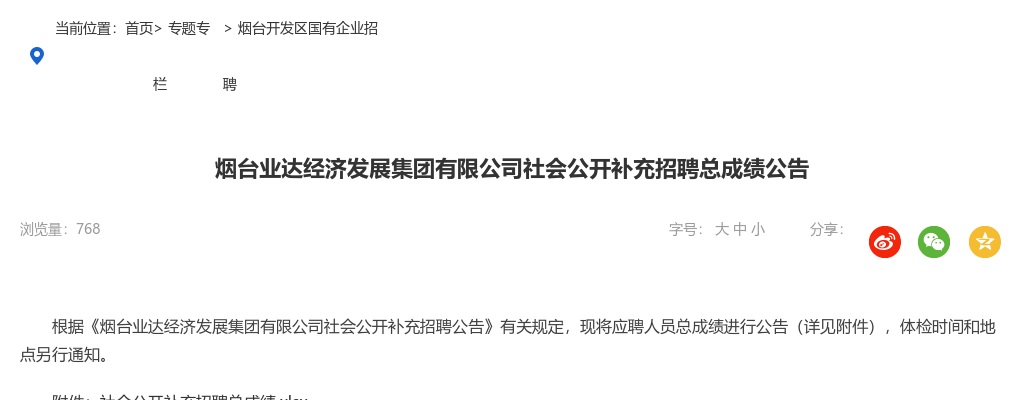 烟台业达经济发展集团有限公司社会公开补充招聘总成绩公告 图片