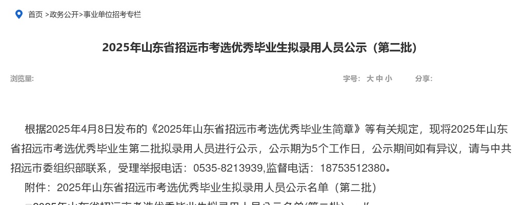 2025年烟台招远市考选优秀毕业生拟录用人员公示（第二批） 图片