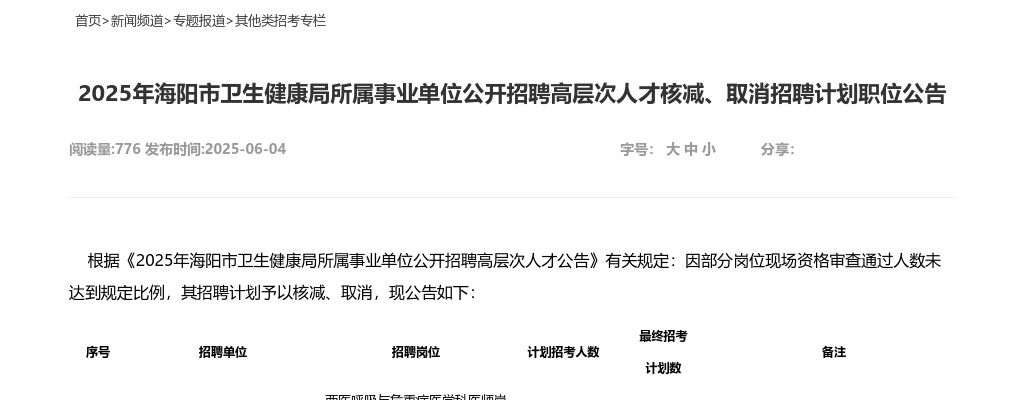 2025年海阳市卫生健康局所属事业单位公开招聘高层次人才核减、取消招聘计划职位公告 图片