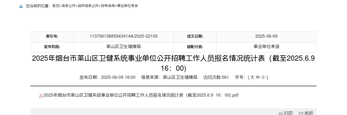 2025年烟台市莱山区卫健系统事业单位公开招聘工作人员报名情况统计表（截至2025.6.9 16：00) 图片