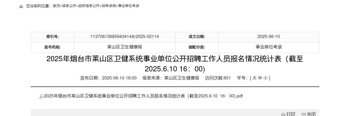 2025年烟台市莱山区卫健系统事业单位公开招聘工作人员报名情况统计表（截至2025.6.10 16：00) 图片