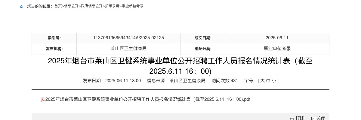 2025年烟台市莱山区卫健系统事业单位公开招聘工作人员报名情况统计表（截至2025.6.11 16：00) 图片